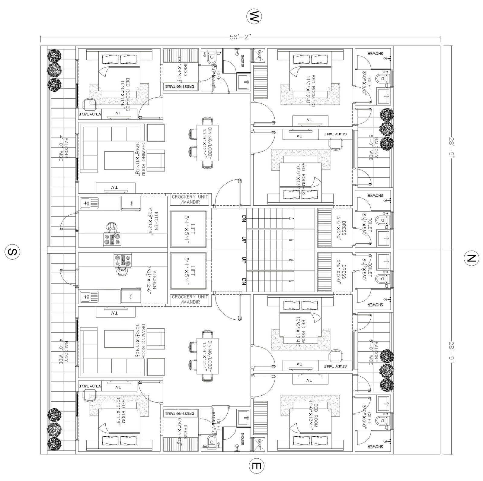 Furniture layout plan of the 3 BHK builder floors with room dimensions